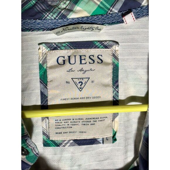 GUESS Men’s Plaid Western Snap Button Shirt Size L Blue Green Long Sleeve Casual - Picture 5 of 6